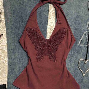 Original Red Bow Embroidery Halter Neck Camisole For Women